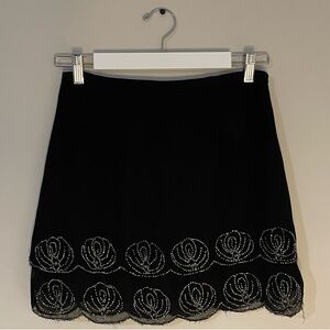 Vintage Style Women’s Black Skirt with Embroidered Rhinestone Floral Trim